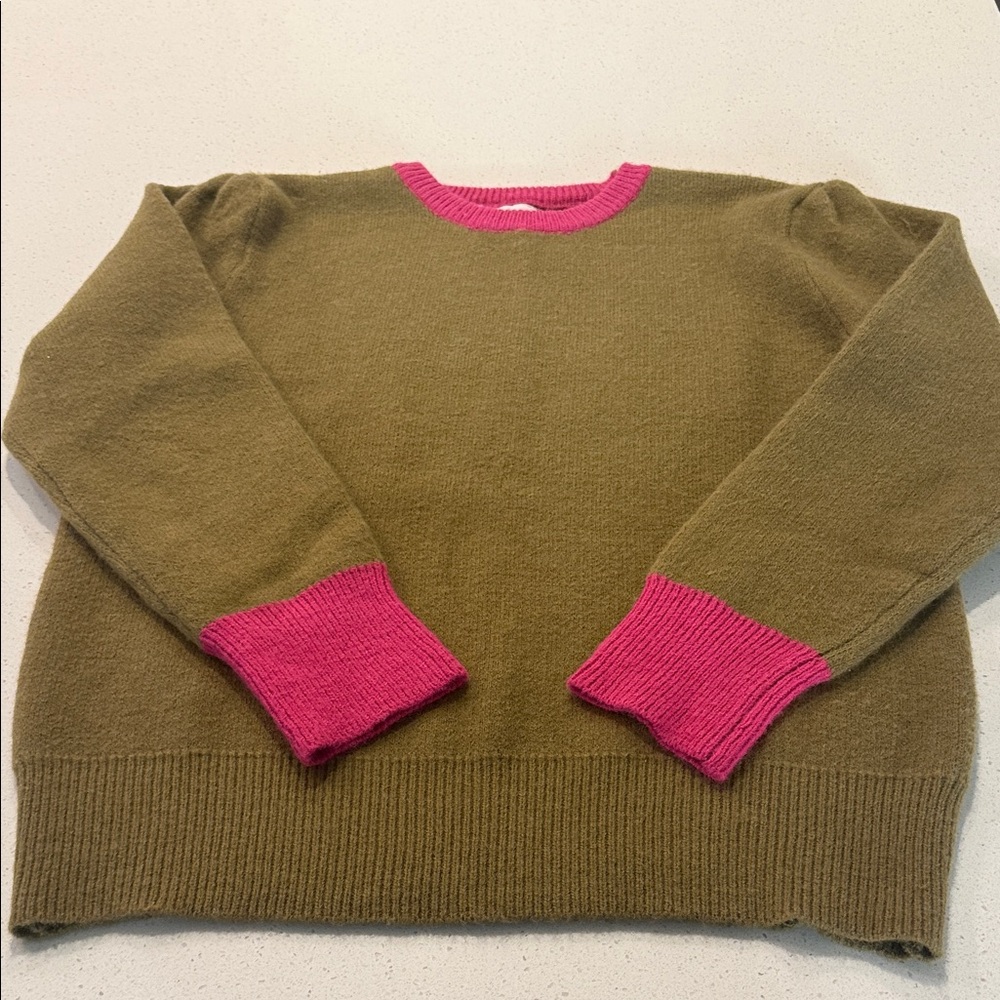 Olive Sweater with Pink Accents